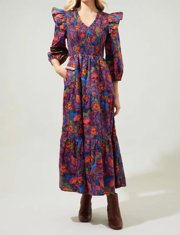 Limited-Time Offer Round Top Smocked Floral Poplin Dress In Navy Fuchsia Casual Weekend Relaxed Style