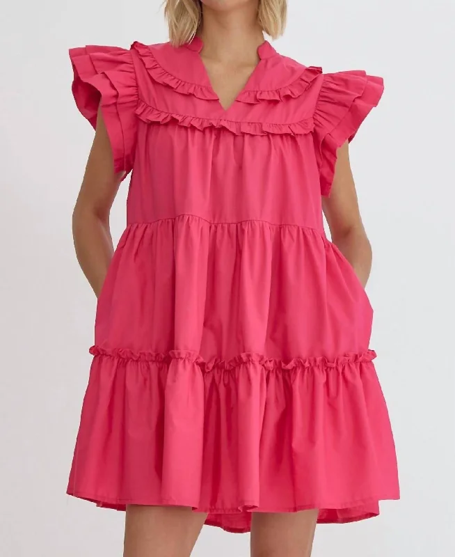 Playful Fashion Offers Ruffle Hem Mini Dress In Magenta Art Deco Geometric Pattern Look