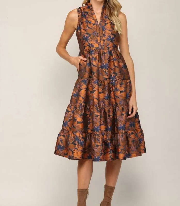 Flash Sales Ruffled Neck Midi Dress In Rust Today Only