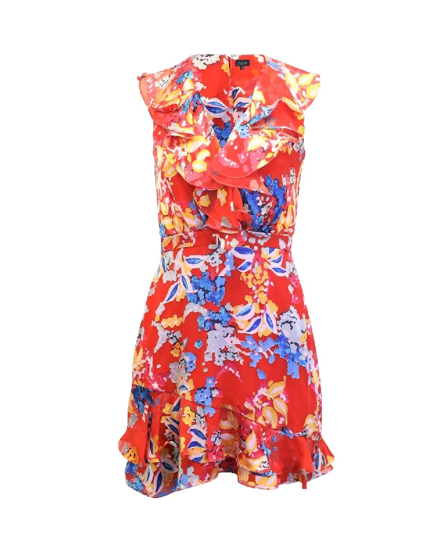 Limited Stock, Big Sale Saloni Floral Print Ruffled Mini Dress in Red Silk Weekend Special