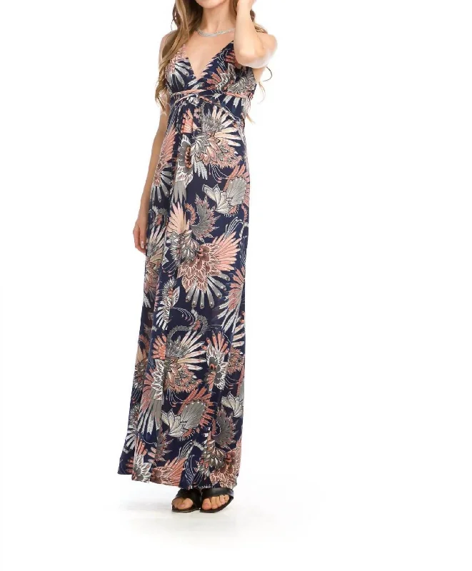 Limited Time Deal Sandra Fan Print Maxi Dress In Navy Disco - Inspired Retro Dance Look