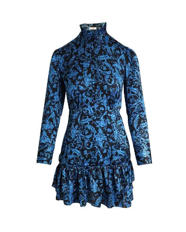 Hot Trends Sandro Alna Tiered Botanical-Print Mini Dress in Blue Polyester Now on Sale for Chic Urban Styles