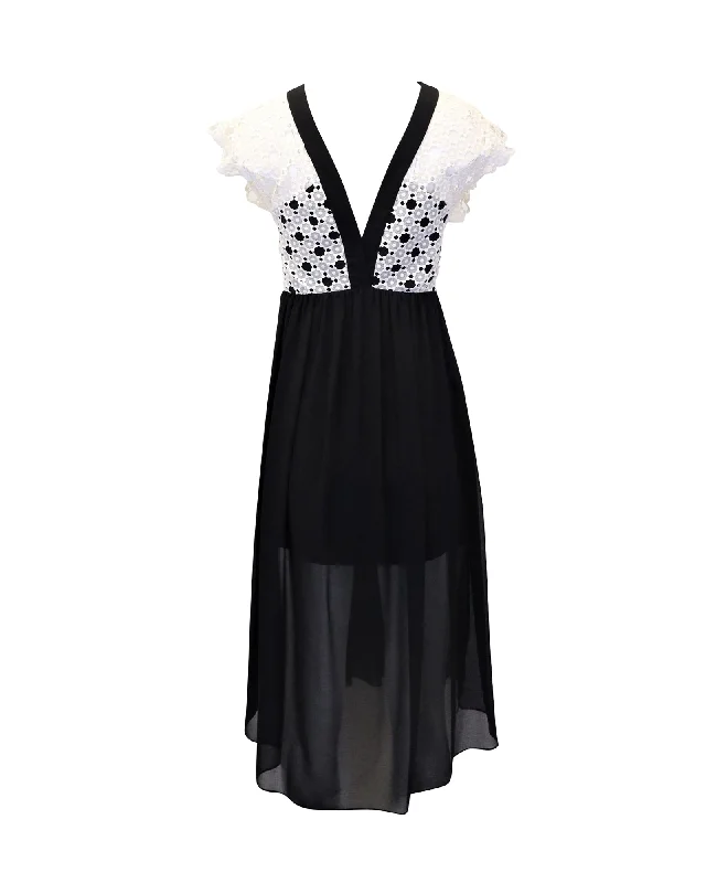 Latest Trends Sandro Paris Lace Trim Midi Dress in Black and White Polyester Bold Patterns