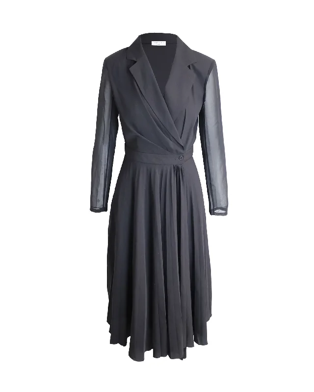 Latest Fashion Sandro Paris Pleated Sheer Sleeve Midi Dress in Black Polyester Classic Charm