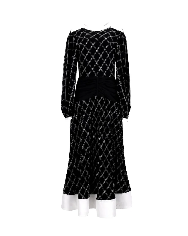 Hot Brand Discounts Self-Portrait Waist Panel Split Sleeve Windowpane Check Midi Dress in Black Polyester Minimalist Chic