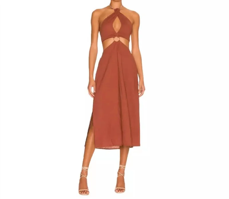 Stylish Statements Shell Chain Halter Midi Dress In Brown Discounts on Casual Weekend Styles