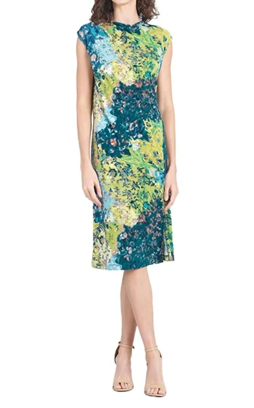 Sophisticated Fashion Side Slit Midi Dress In Floral Patch Feminine Soft - Hued Styles