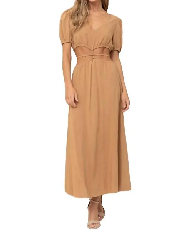 Mega Sale Sofia Puff Sleeve Cutout Maxi Dress In Camel Coastal Beach - Inspired Style