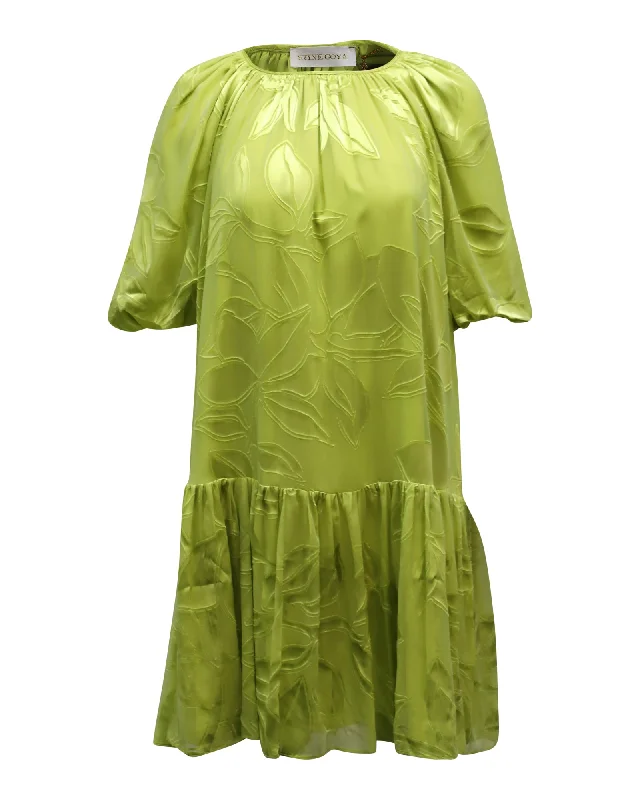 The Good Stuff Stine Goya Pleated Lemon Mini Dress in Green Viscose Grab Romantic Date - Night Styles Now