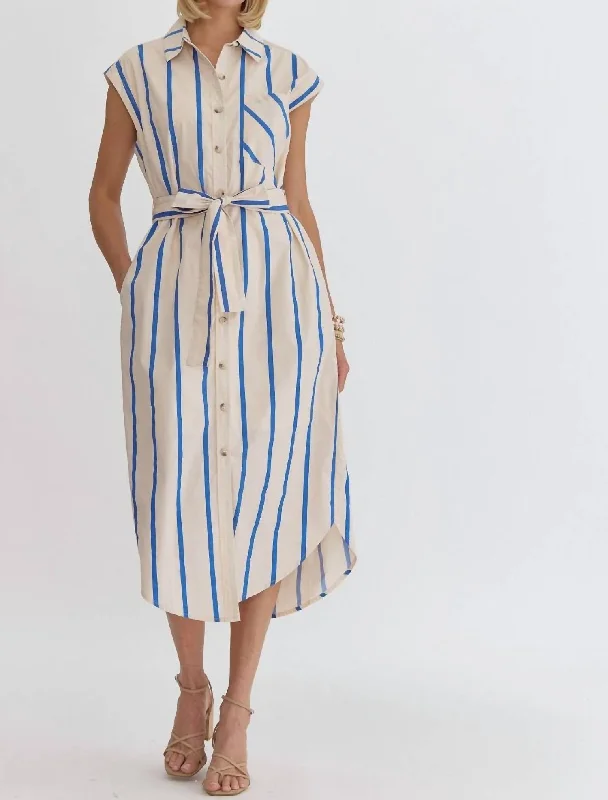 Hot Sale Striped Button Up Midi Dress In Blue Classic Charm