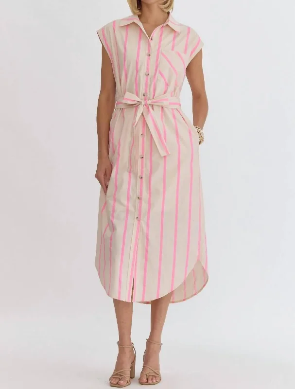 Limited Time Striped Button Up Midi Dress In Pink Chic Allure