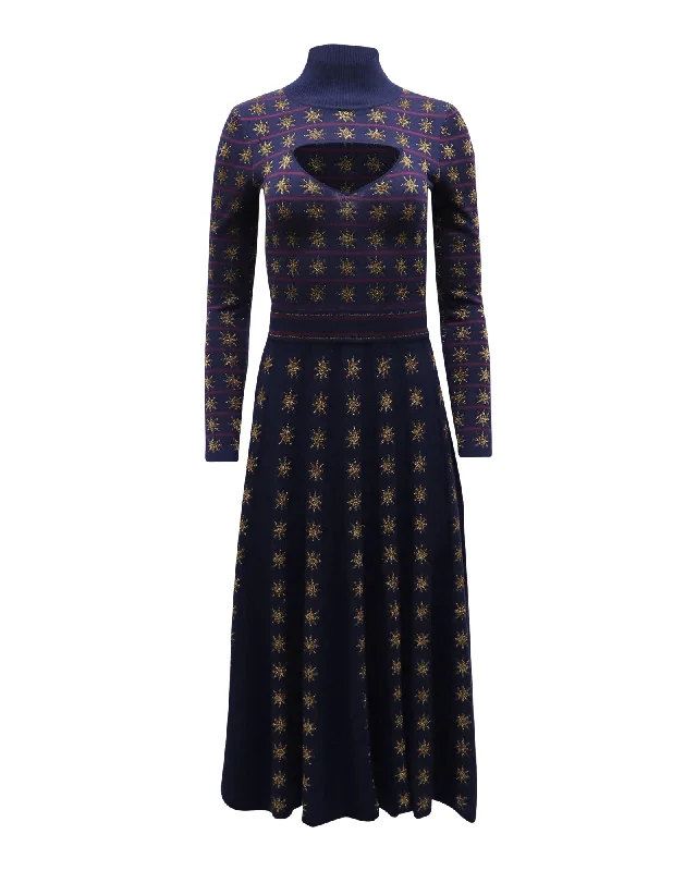 Romantic Chic Deals Temperley London Night Cutout Metallic Intarsia Midi Dress in Navy Wool Modern Romance