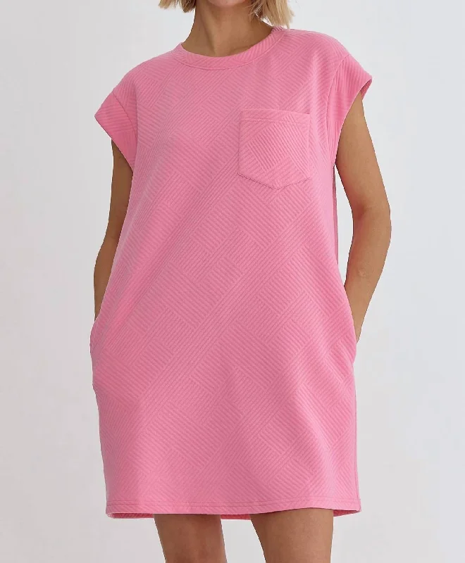 Fashion-Forward Offers Textured Round Neck Mini Dress In Bubble Gum Sophisticated Cut