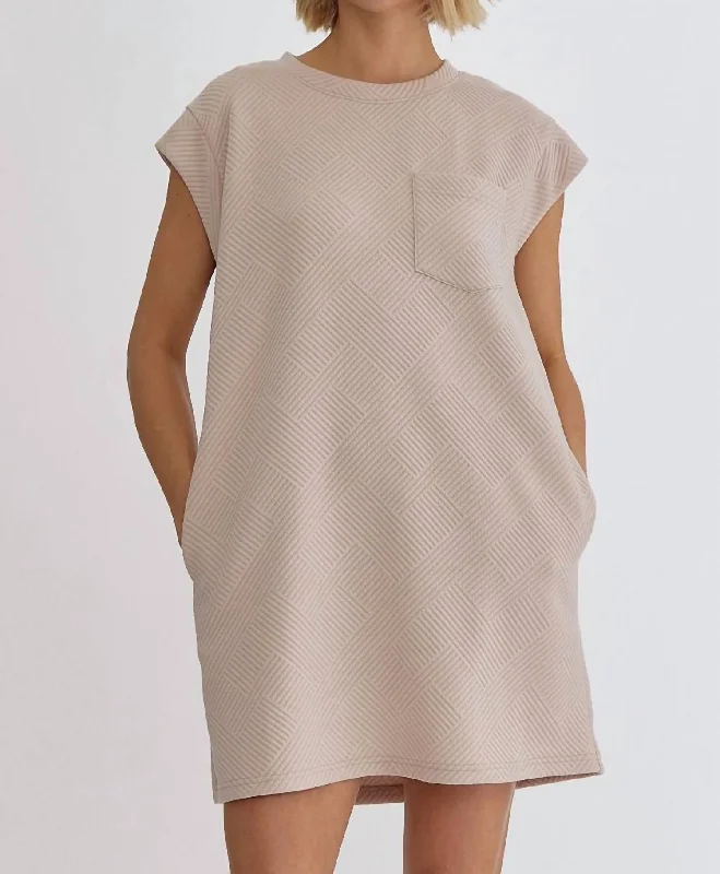 Feminine Luxe Style Sale Textured Round Neck Mini Dress In Light Taupe Disco - Inspired Retro Dance Look