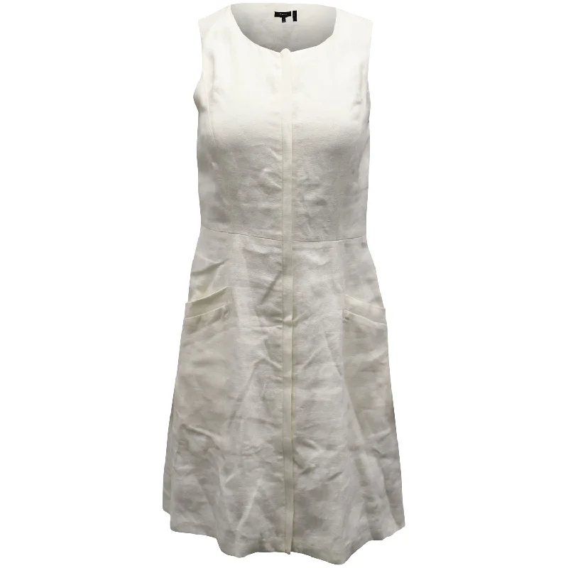 Urban Elegance Deals Theory Pleated Side Pockets Sleeveless Mini Dress in White Linen Ethnic Cultural Event Wear