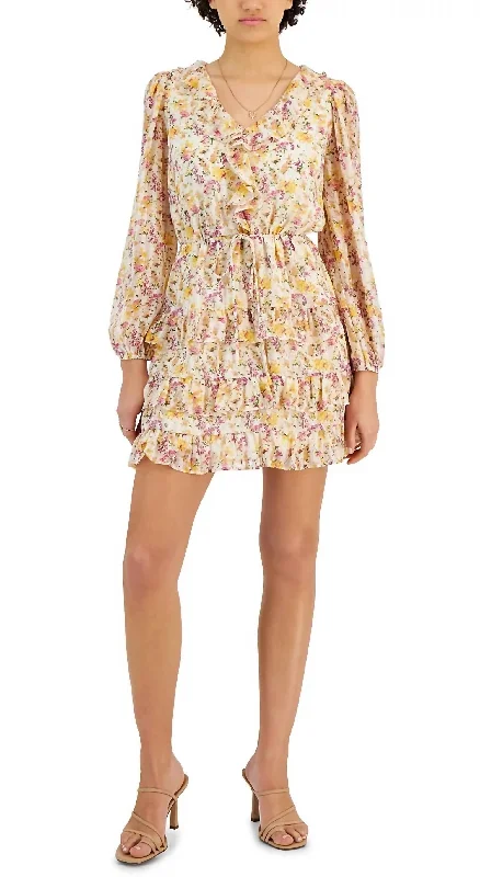 Feminine Style Promotions Tie Waist Ruffle Dress In Yellow Floral Feminine Grace