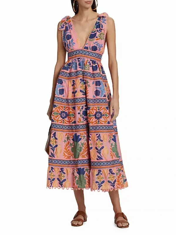 Summer Deals Tiered Midi Dress In Seashell Tapestry Limited - Time Bundle