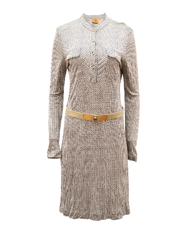 Discover Promotions Tory Burch Belted Microprint Long Sleeve Midi Dress in Brown Cotton blend Vintage Retro Party Wear