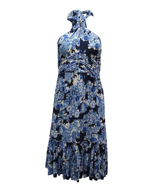 Popular Collection Tory Burch Halter Midi Dress in Floral Blue Silk Feminine Soft - Hued Styles