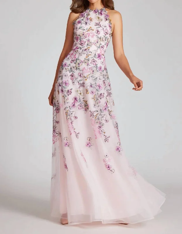 Affordable Trendy Fashion Tulle Floral Halter Gown In Blush Multi Save on Inspired Styles