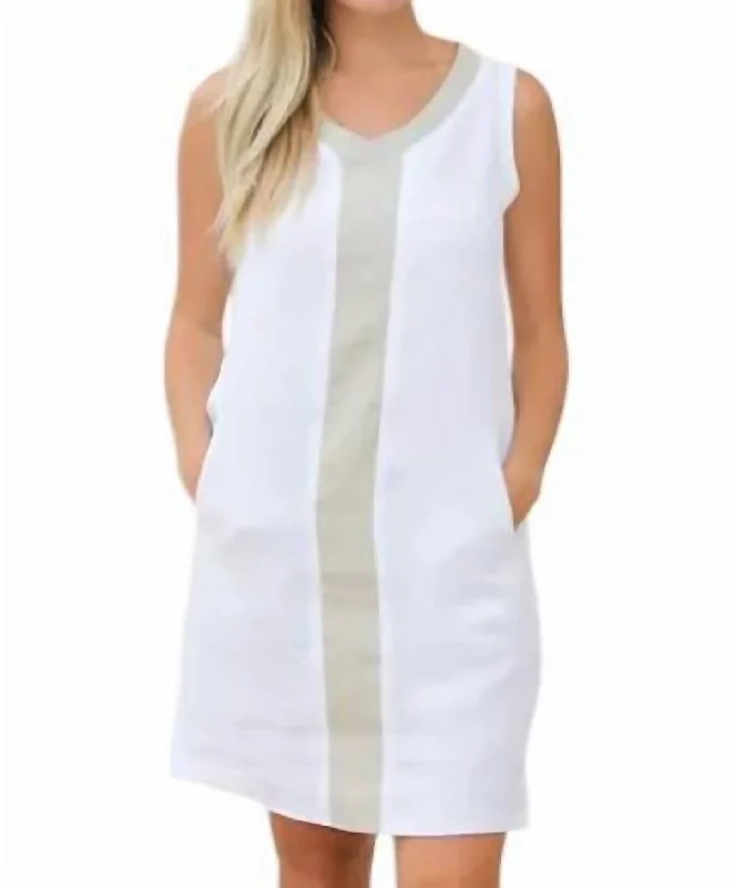 Limited Time Flash Sale V-Neck Mini Dress With Gold Stripe In White Spring Fling Sale