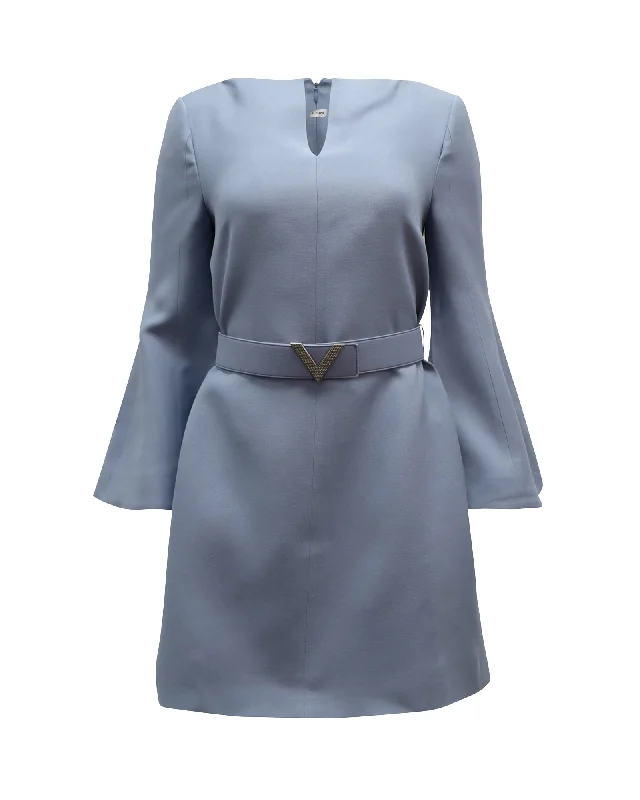 Trendy Street Style Valentino Crystal-embellished Belted Mini Dress in Light Blue Wool Big Savings on Rustic Countryside Styles