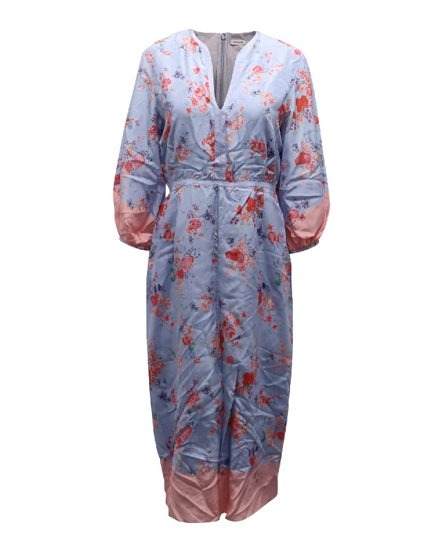 Limited Time Flash Sale Vilshenko Floral Printed Long Sleeve Dress in Blue Silk Urban Sophistication