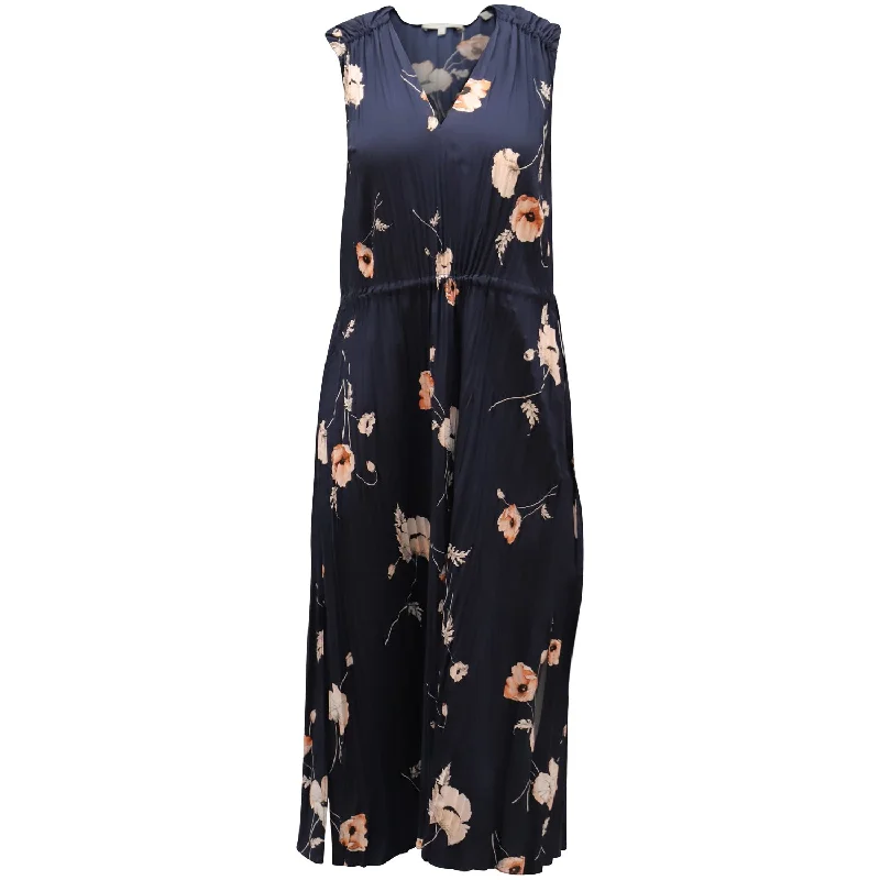 Huge Markdowns Vince Waist-Gathered Pleated Floral Dress in Navy Blue Polyester Ethnic Cultural Event Wear