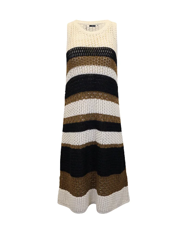 Trend Forward Threads Weekend Max Mara Dyser Open-knit Striped Midi Dress in Brown Cotton Dreamy Draping