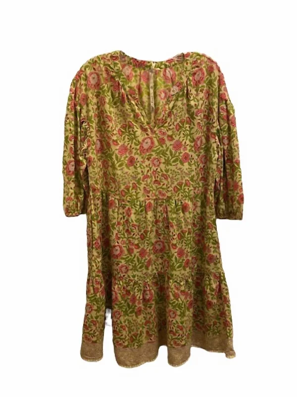 Unleash Your Trend Driven Style Women's Floral Print Tiered Puff Sleeve Dress In Lime/pink Update with Cottagecore Styles