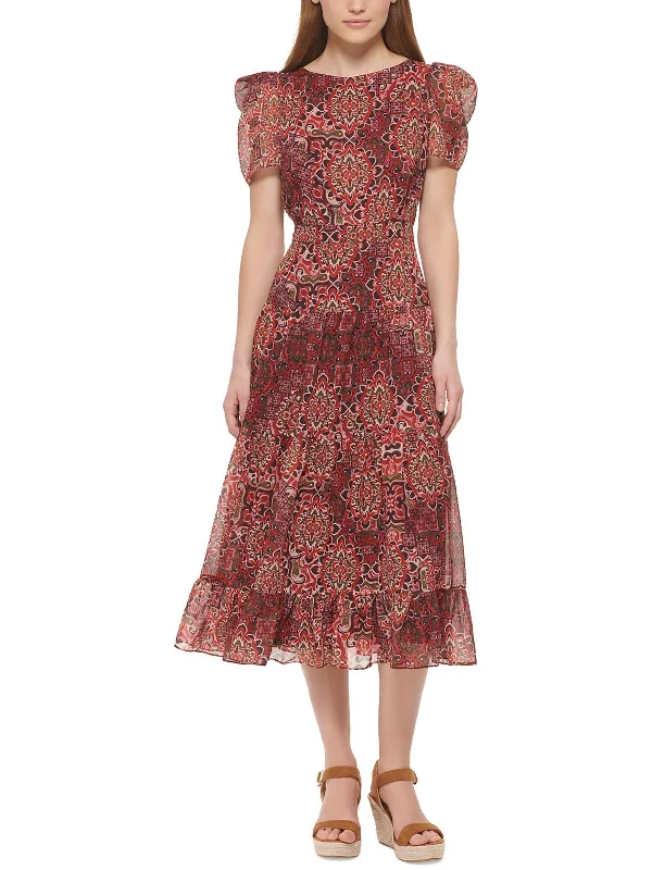 Clearance Event Womens Printed Puff Sleeve Midi Dress Soft Textures