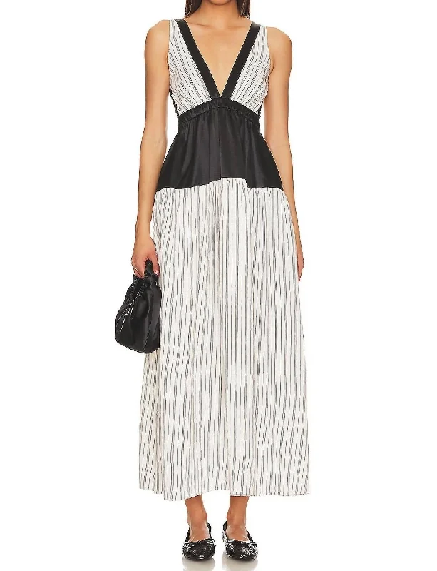 Weekend Exclusive Zoe Maxi Dress In Navy Stripe & Black Combo Art Deco Geometric Pattern Look